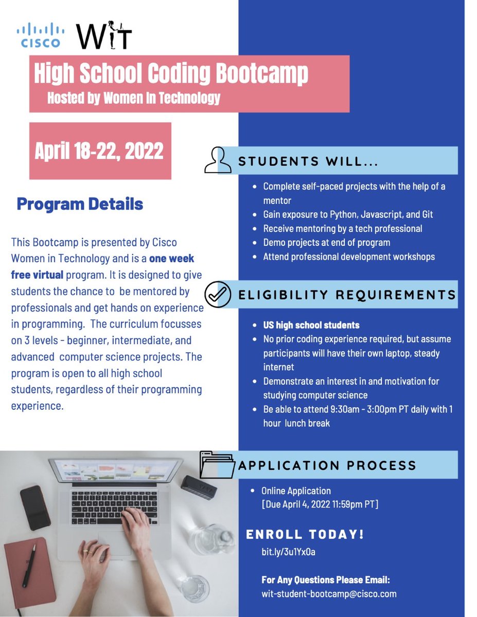 cisco_wit's tweet photo. We are happy to announce our first virtual High School Coding Bootcamp! The program is open to all high school students, regardless of their programming experience.
#CodingForKids  #STEM #education #Cisco #CiscoWIT #technology  #bootcamp #WeAreCisco #LoveWhereYouWork https://t.co/e1DpRUaMJh
