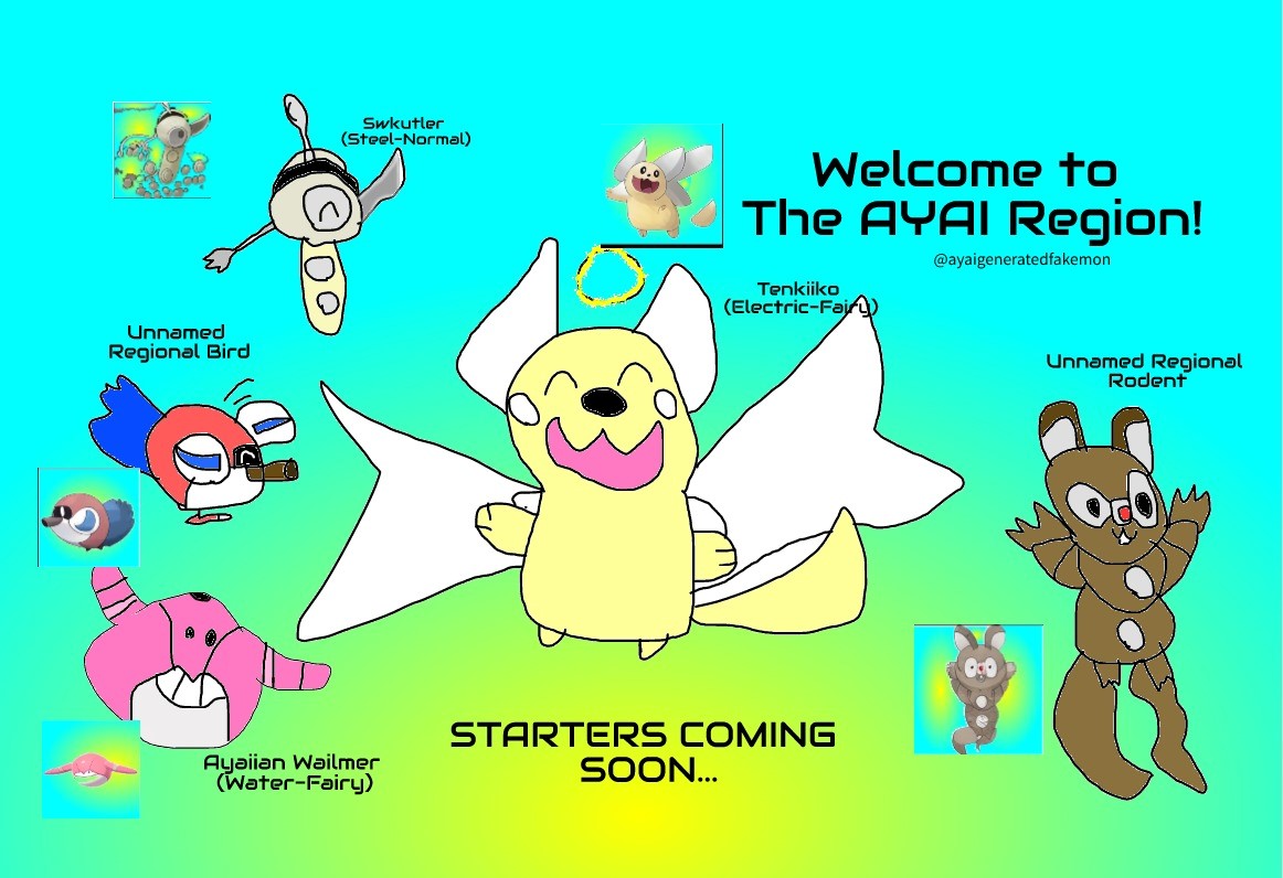 ayaifakemon's tweet photo. The Ayai Region is now LIVE! Over the course of the next few months we'll be making an entire Pokedex based on Pokemon from AI generators such as @NokemonAI and #LookingGlass, as well as people such as @minimaxir. 

Fanart welcome! NFT's are not. https://t.co/Yz35dgFKDx