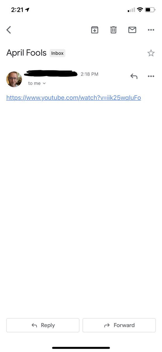 Maegan_10's tweet photo. I’m not at school today because I had to take Collin to the doctor for a procedure for his back. Got an email from a student, thought it would be a funny video or something. Nope. I got Rickrolled. By my STUDENT. I’m done. https://t.co/tIUJuhA6Dx
