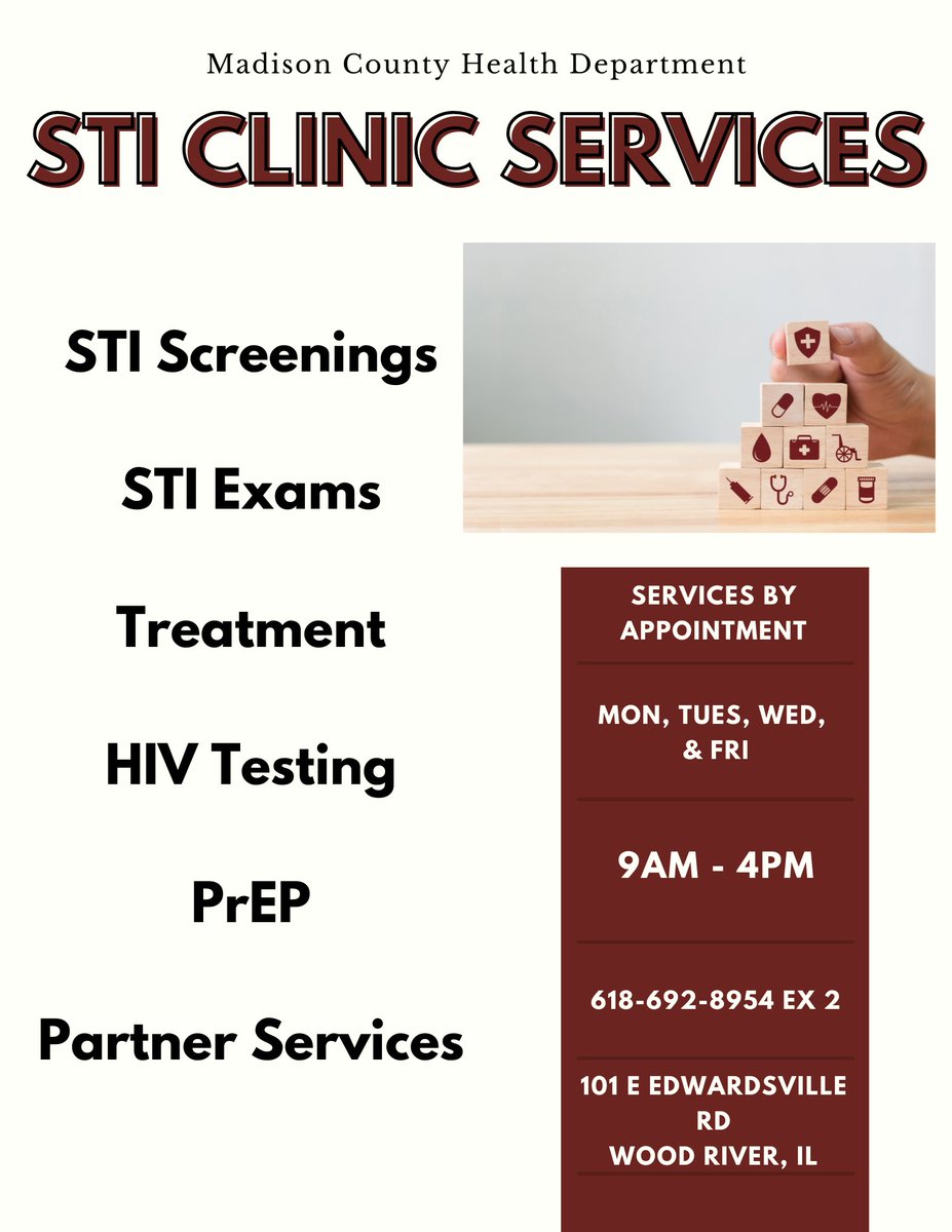 MadisonCHD's tweet image. Madison County Health Department offers STI clinic services by appointment every Monday, Tuesday, Wednesday, and Friday from 9 AM to 4 PM. 

Call 618-692-8954 EX 2 to schedule an appointment!