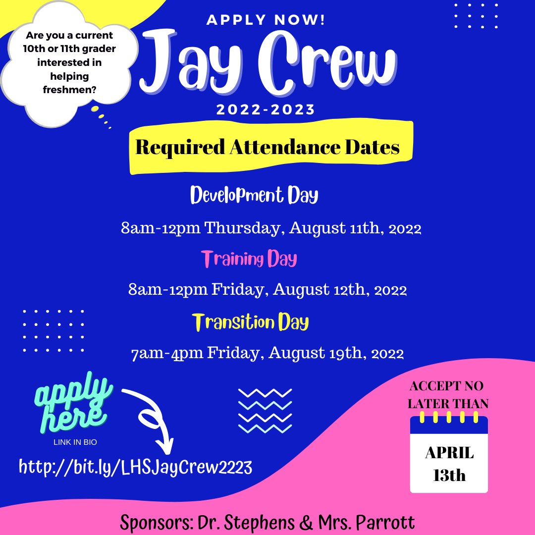 The Jay Crew application process has been extended to April 13th! Join us for fun, leadership, and connections! Let’s make the Class of 2026 feel welcome <a href="/LHSJAYS/">Liberty High School</a> #lpsleads