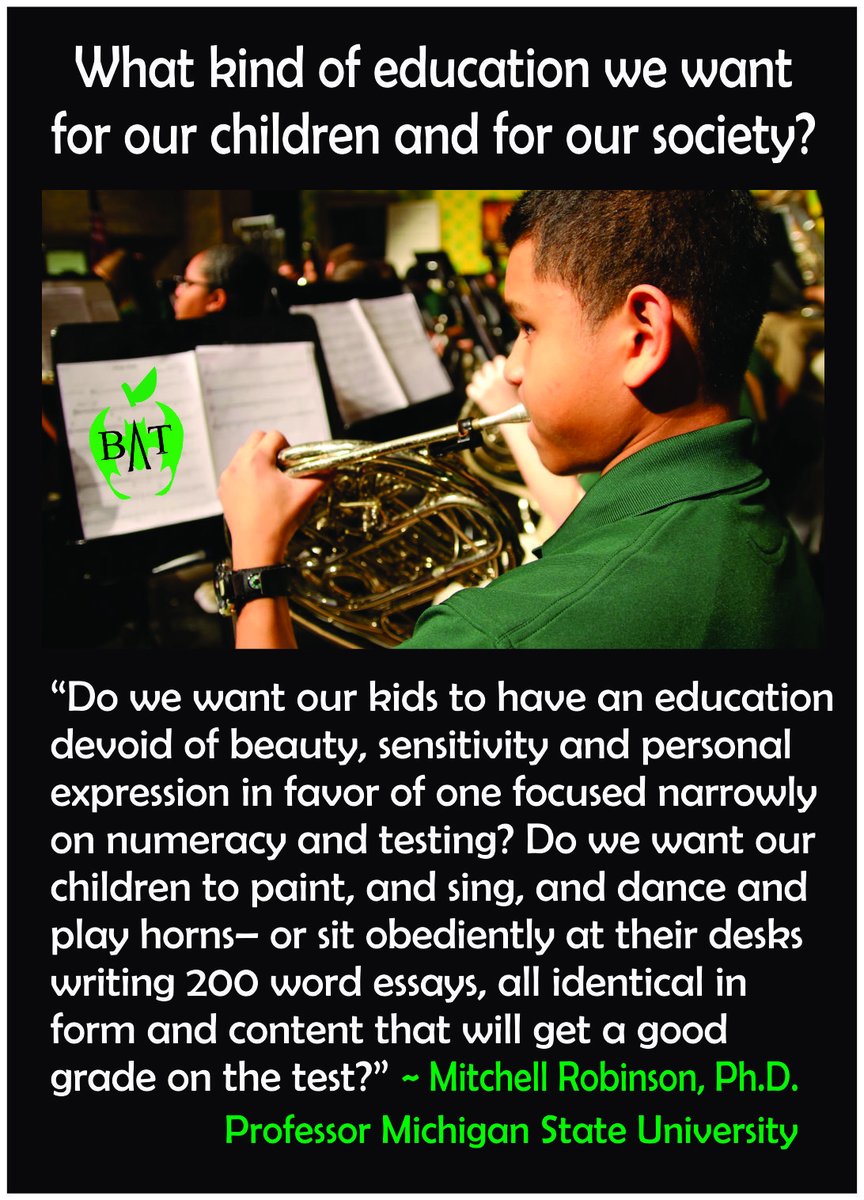 We should all want creative, joyful, children. And make sure that all schools are given the resources to provide music, art, drama &amp; industrial arts. #TeachNotTest #TBATs <a href="/MontanaBATs/">Montana</a> <a href="/Nodakbats/">NoDakBats</a> <a href="/WyomingBATs/">WyomingBATs</a> <a href="/IdahoBATs/">IdahoBATs</a>