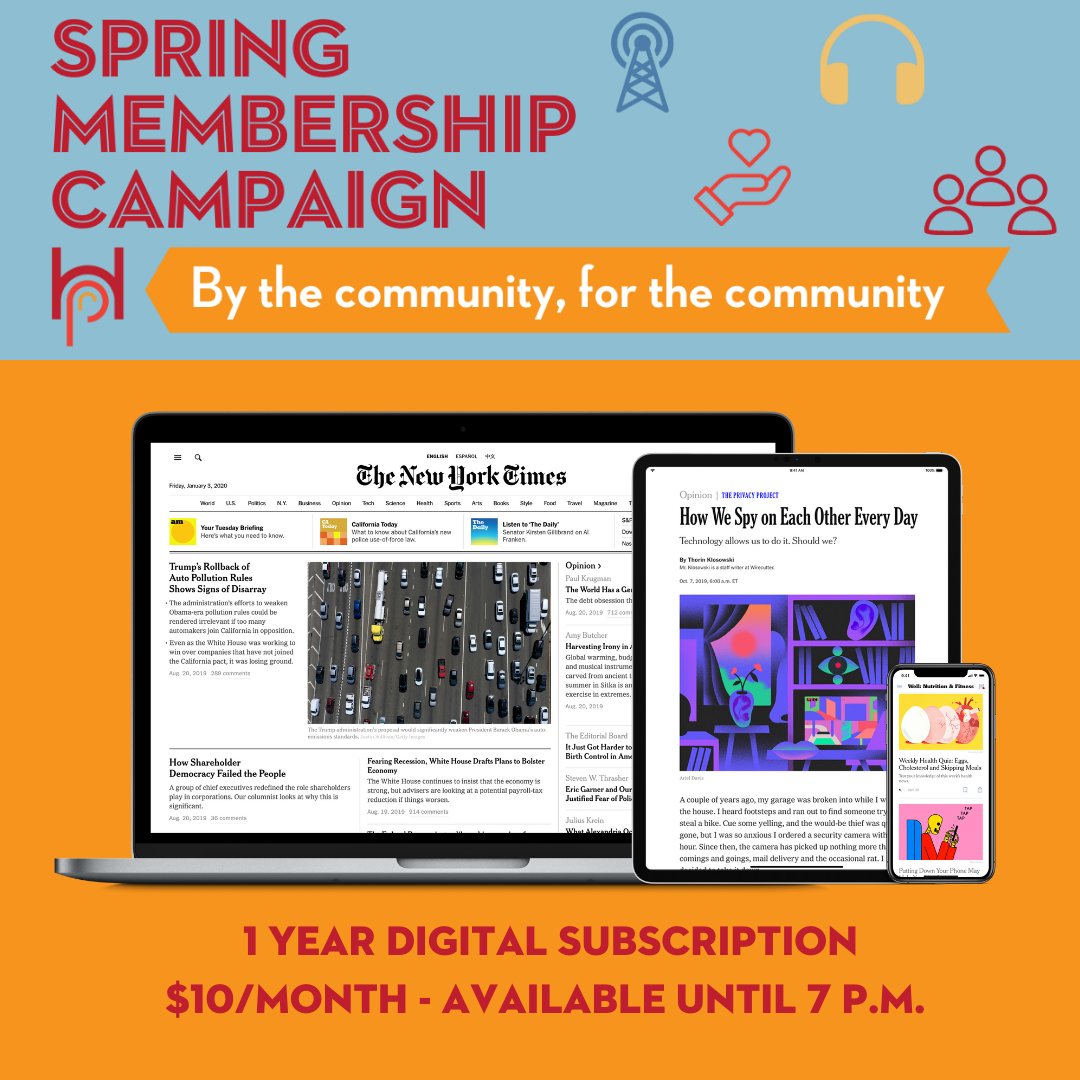wearehpr's tweet photo. #SupportHPR's spring membership campaign. Become a member today at $10/month and get opt-in to receive today's thank-you gift: a 1-year digital subscription to The New York Times. Give online at https://t.co/Xd8ZNpY869 or call 1-888-536-4700. https://t.co/NGsjKwvxxU