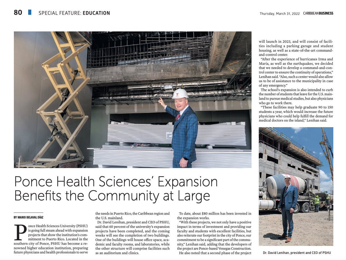 drdavidlenihan's tweet photo. A lot of work being done to complete construction on PHSU's new campus in Ponce. This is a huge milestone for PHSU, its students, and the surrounding communities. Thank you to Caribbean Business for featuring PHSU's progress and spreading the word about our mission! #DiscoverPHSU https://t.co/1sanENjiRH