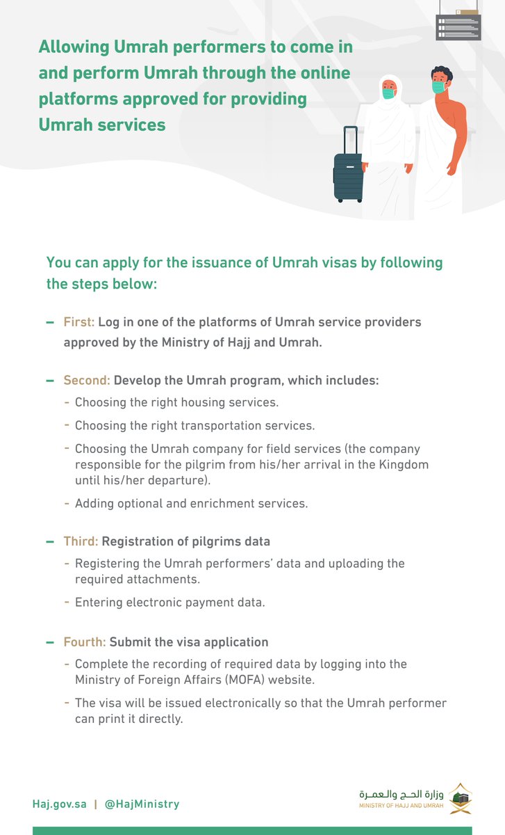 For the Umrah performers coming from outside the Kingdom..
You can now apply for the issuance of Umrah visas through the platforms of Umrah service providers approved by the MHU. 
Learn how:
