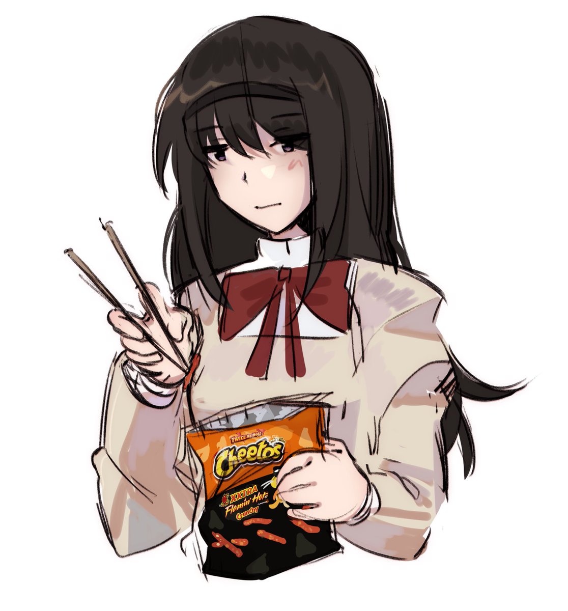 akemi homura 1girl solo long hair school uniform black hair food hairband  illustration images