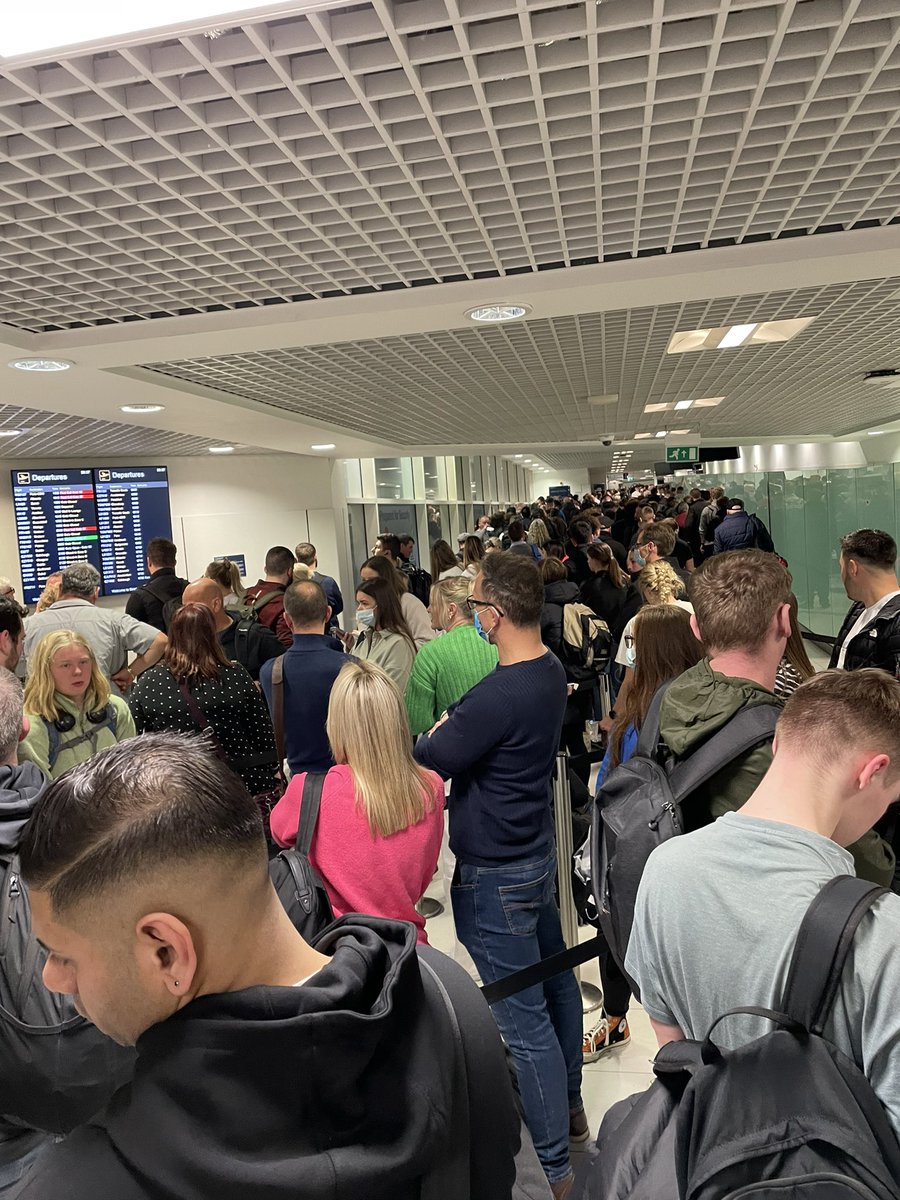memkad's tweet photo. The shit show that is Birmingham Airport. Over 2 hours already plus all that in front of us. Never again!  #birminghamairport https://t.co/40U0qx8u9y