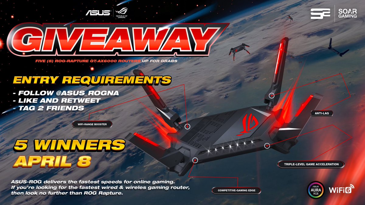 SoaR (@soargaming) on Twitter photo SoaR teamed up with ASUS ROG to giveaway the fastest routers in gaming - Five (5) ROG Rapture GT-AX6000 Routers
TO ENTER:
✅ FOLLOW <a href="/ASUS_ROGNA/">ROG North America</a>
✅ RETWEET & LIKE
✅ TAG 2 FRIENDS
Five (5) Winners picked April 8th, good luck! SoaR teamed up with ASUS ROG to giveaway the fastest routers in gaming - Five (5) ROG Rapture GT-AX6000 Routers
TO ENTER:
✅ FOLLOW <a href="/ASUS_ROGNA/">ROG North America</a>
✅ RETWEET & LIKE
✅ TAG 2 FRIENDS
Five (5) Winners picked April 8th, good luck!