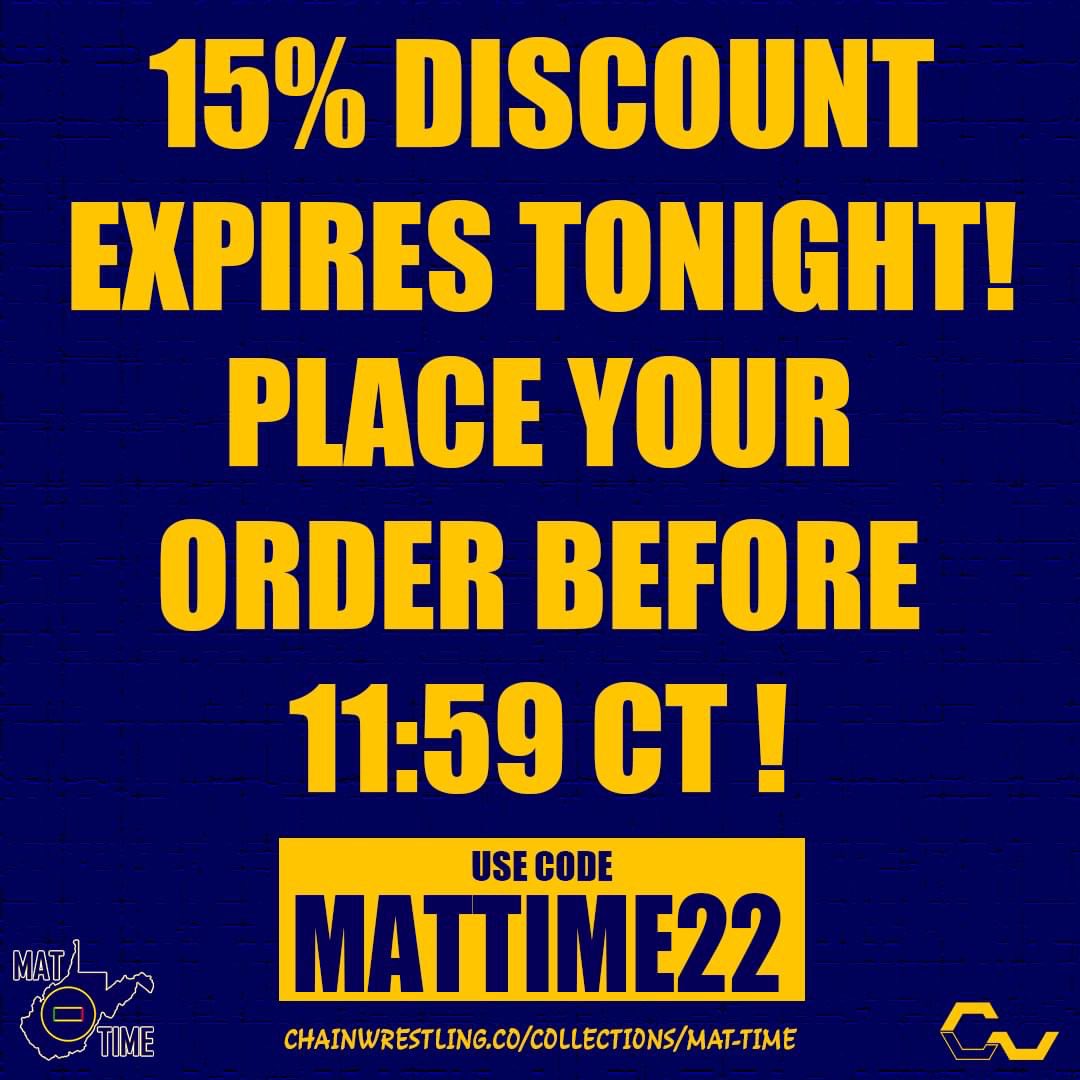 mattimewv's tweet photo. No April fools! The 15% discount will end tonight at 11:59 CT.  Be sure to get your order in before then to save some $$ on your Mat Time gear! https://t.co/aNLCUGiGom