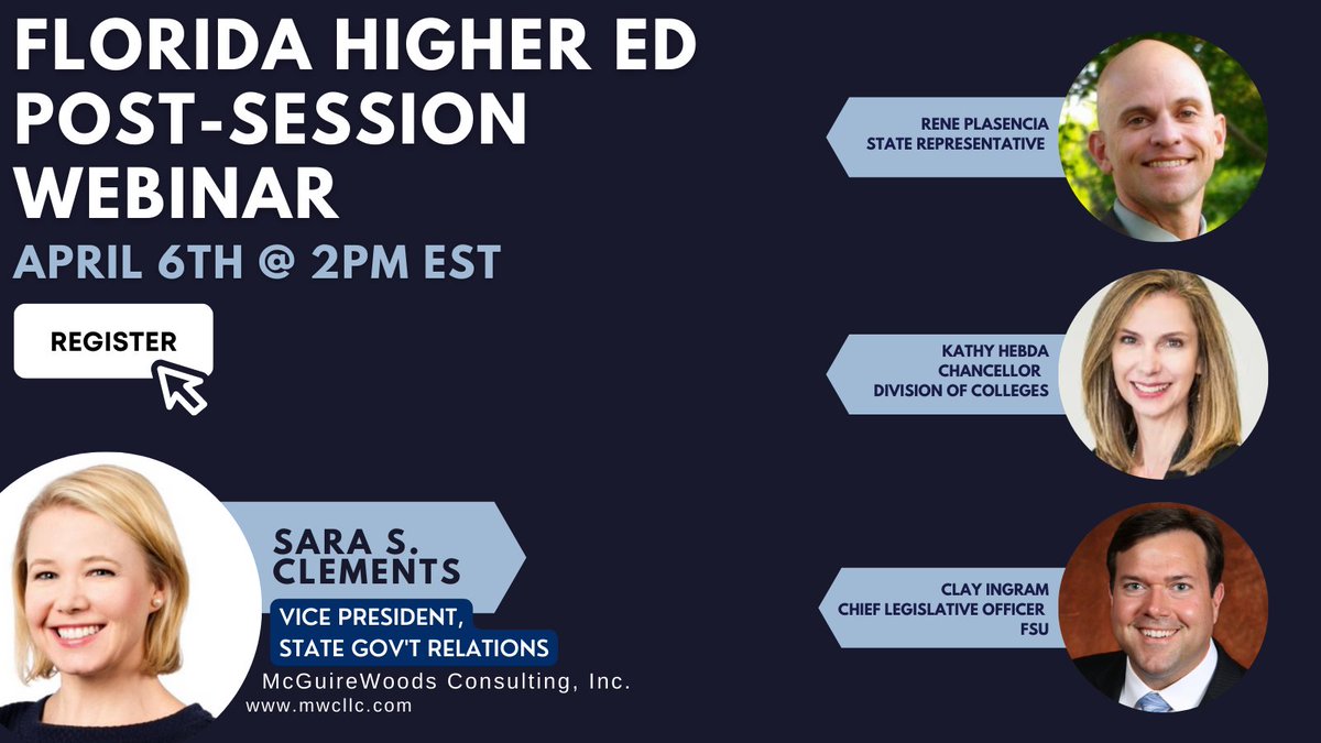 Join me, <a href="/CoachP_CHS/">Rene Plasencia</a> Chancellor Kathy Hebda <a href="/FLCollegeSystem/">Florida College System</a>  &amp; Clay Ingram <a href="/floridastate/">Florida State University</a> on Wednesday, 4/6 to discuss what happened in #highered this session. Register here: news.mcguirewoods.net/12/2269/march-…