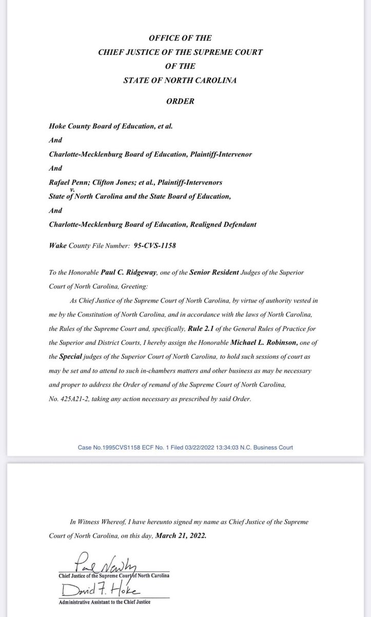 QuinnRayNC's tweet photo. NC SCJ Paul Newby removes Judge Lee from #Leandrocase *by virtue of authority vested in me*
The reason - Judge Lee had taken steps compelling the @NCLeg to comply w/ providing adequate funding for schools & thatโs not consistent w/ the values of the Republicans who run this state https://t.co/MqtWCV18Ds