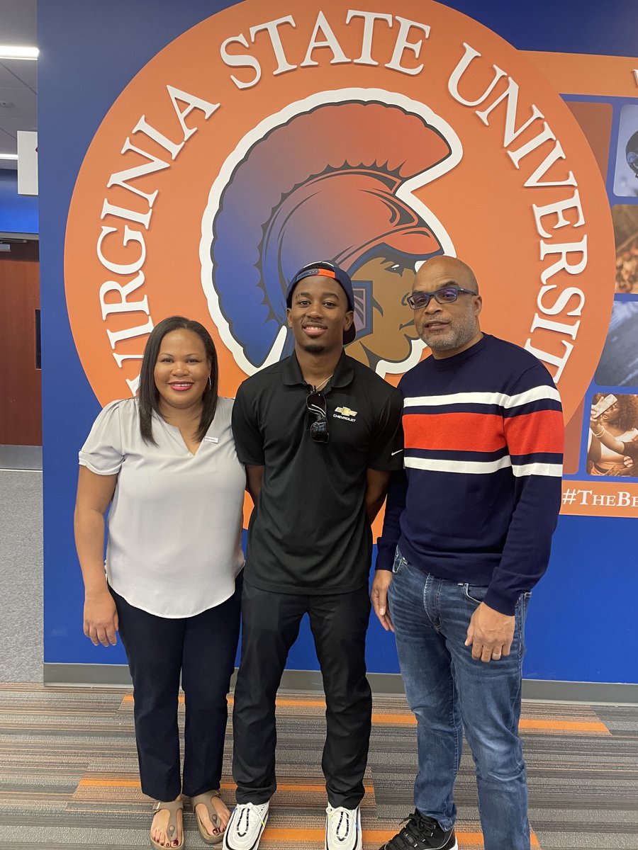 VSU_1882's tweet photo. Today, 20-year-old NASCAR driver, Rajah Caruth visited Virginia State University. He met with President Abdullah who shared words of wisdom and wished him luck. We are excited to have him drive the VSU themed car in tomorrow’s historic race at Richmond Raceway. #GreaterAtVSU https://t.co/boTCQZv3zQ