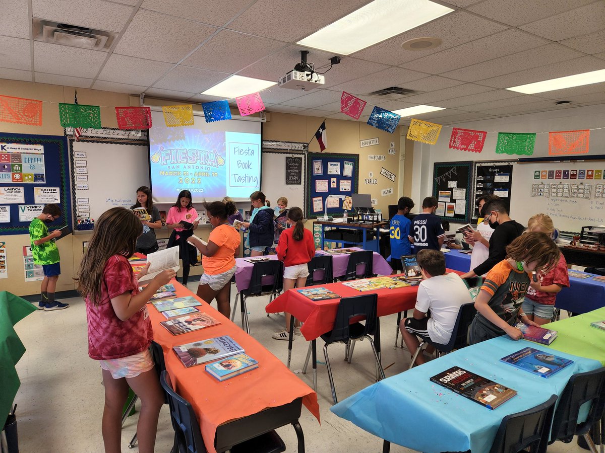 aggieallyson00's tweet photo. These 4th graders @NISDBeard kicked off Fiesta 2022 by enjoying a "book tasting" of our newest set of classroom library books! @nisdelemelar #northsidereads #follett https://t.co/XiKsKlyWzZ