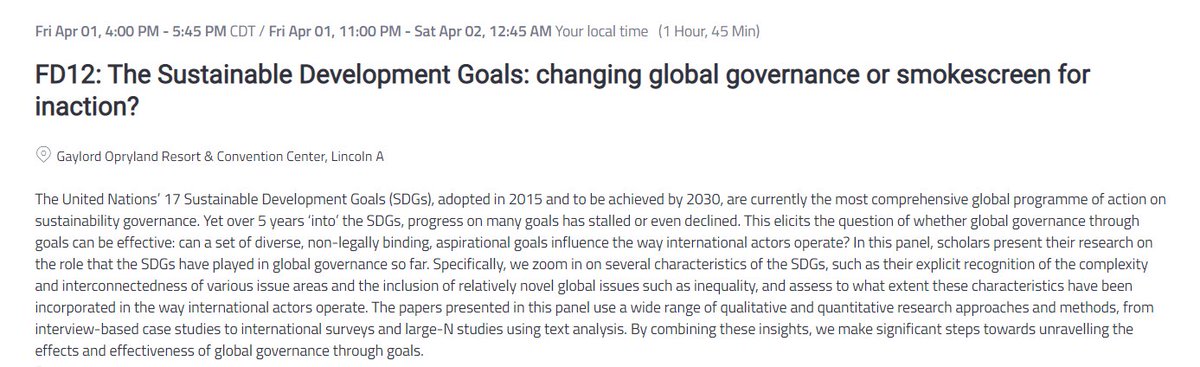 Are the #SDGs changing global governance or a smokescreen for inaction? Join the discussion in our #ISA2022 panel in just over an hour! @FSMontesano @MelanieDriel @ronikayodell @paminnyc @ESS_of_ISA