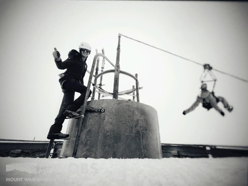 MWObs's tweet photo. Weather observers Jackie and Jay tested out the new Mount Washington Observatory X @ObozFootwear Summit Zipline installed this past week. Due to increased fuel prices, the Summit Zipline will serve as the newest means of transportation to get the crew off summit.

#mwobs https://t.co/UXThDNoidt