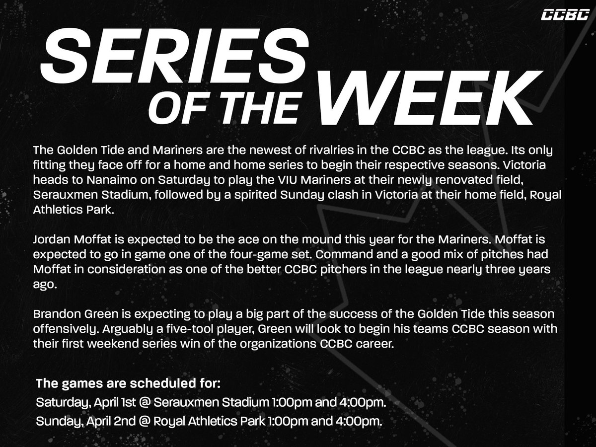 🚨 Series of the Week 🚨 

@viubaseball &amp; @goldentidebaseball face off in the battle of the Island

#CanadasLeague