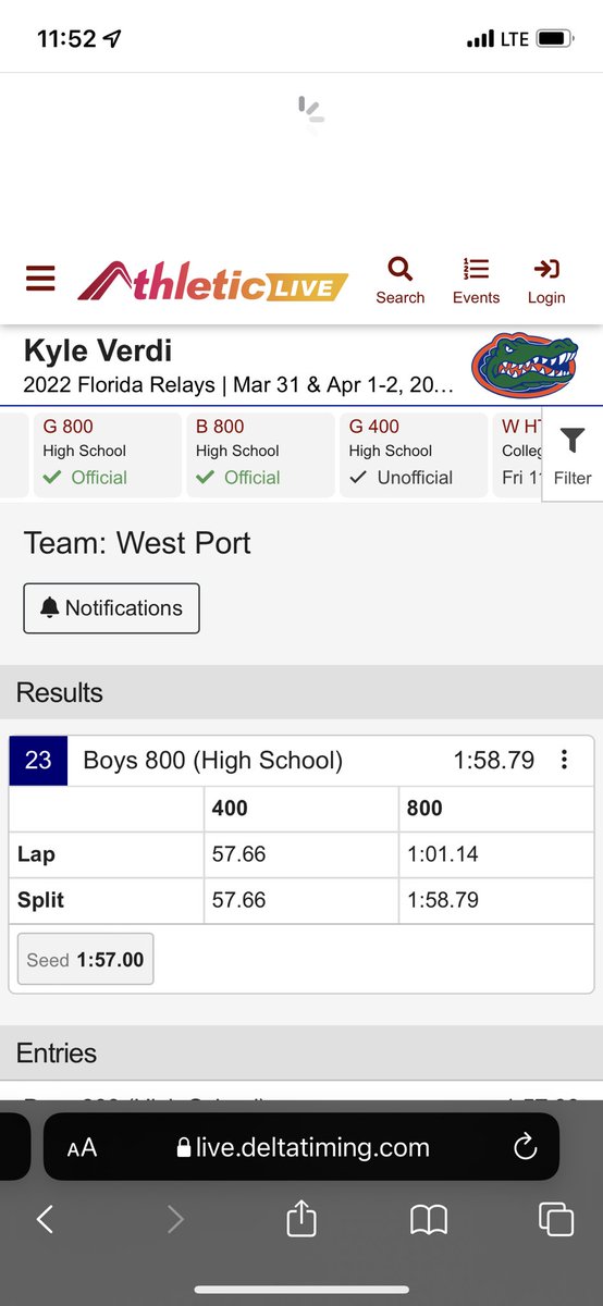 kyle_verdi's tweet photo. My coach always told me to be patient and today I was able to achieve my goal of running sub 2 in the 800m.I ran 1:58:79 at Florida Relays. Time to keep working sub 1:55 coming soon.#flrunners #milesplit #FloridaRelays @flrunners @UF @USFXCTF @WestPortXC @WestPortHigh https://t.co/475sUw9SBL