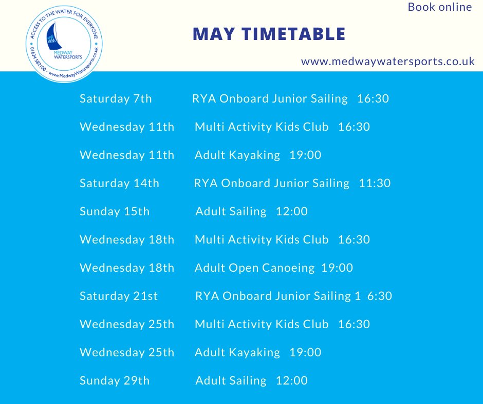 SailMedway's tweet photo. Medway Watersports May Timetable
All these activities can be booked online at https://t.co/5x1IOBBppQ
#medwaywatersports #medway #river #watersports #activities #kayaking #sailing #ryaonboard #kids #junior #adult https://t.co/dluVplJQ6M