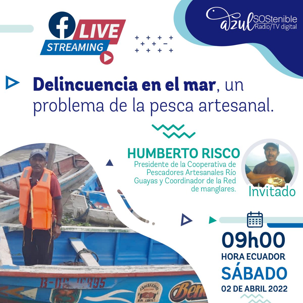 azulsostenible1's tweet photo. Te esperamos mañana 09h00 para conocer más acerca de la delincuencia en altamar y cómo se ven afectados los pescadores artesanales del Ecuador.

Preguntas y comentarios a través de las Redes Sociales YouTube y Facebook:
https://t.co/Zged3QqdkM https://t.co/9RpbvH1MQG