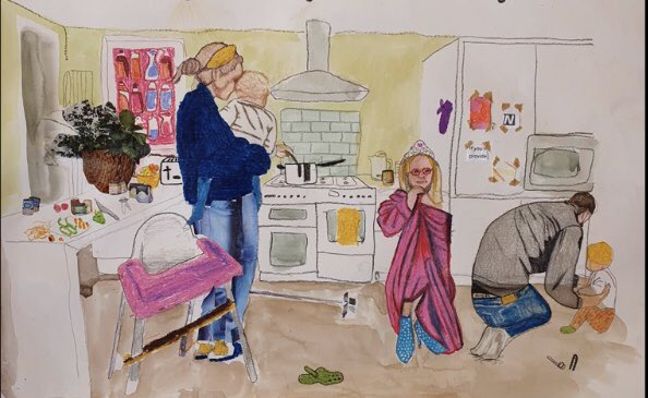 shamindernahal's tweet photo. Amazing Sophie and her painting of her family (“not perfect but full of love”) which includes a portrayal of her husband cradling her second baby who she lost #GraysonsArtClub https://t.co/G2CDqoq5Ka