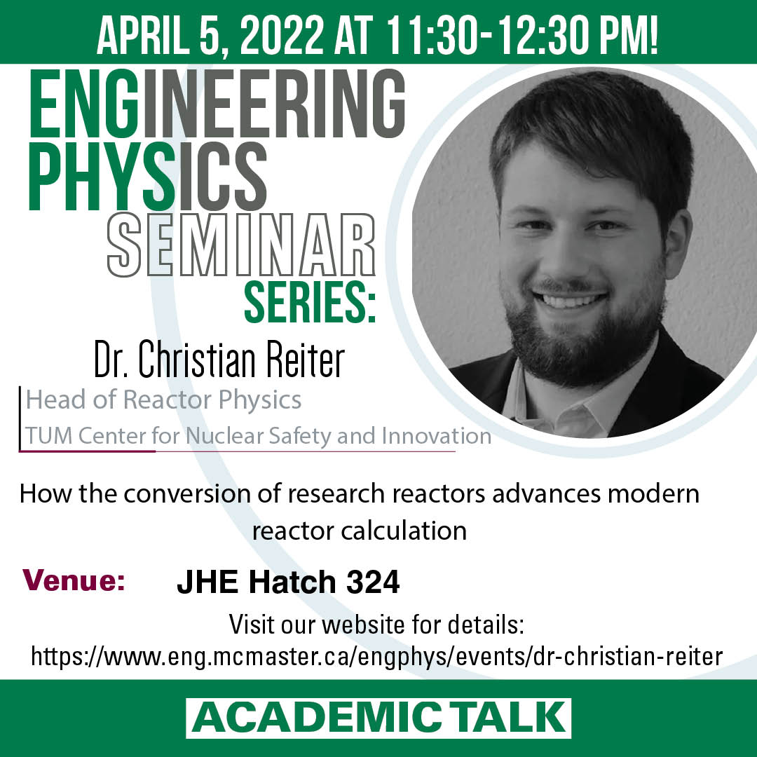 macengphys's tweet photo. Check out our upcoming seminar with Dr. Christian Reiter happening Tuesday, April 5 2022 at 11:30pm!
#EngPhysSeminarSeries #MacEngPhys #MacEng #ThinkEngineering #BigIdeas #EngineeringPhysics
https://t.co/fCUFIN89Is https://t.co/NTgKaXeh1i