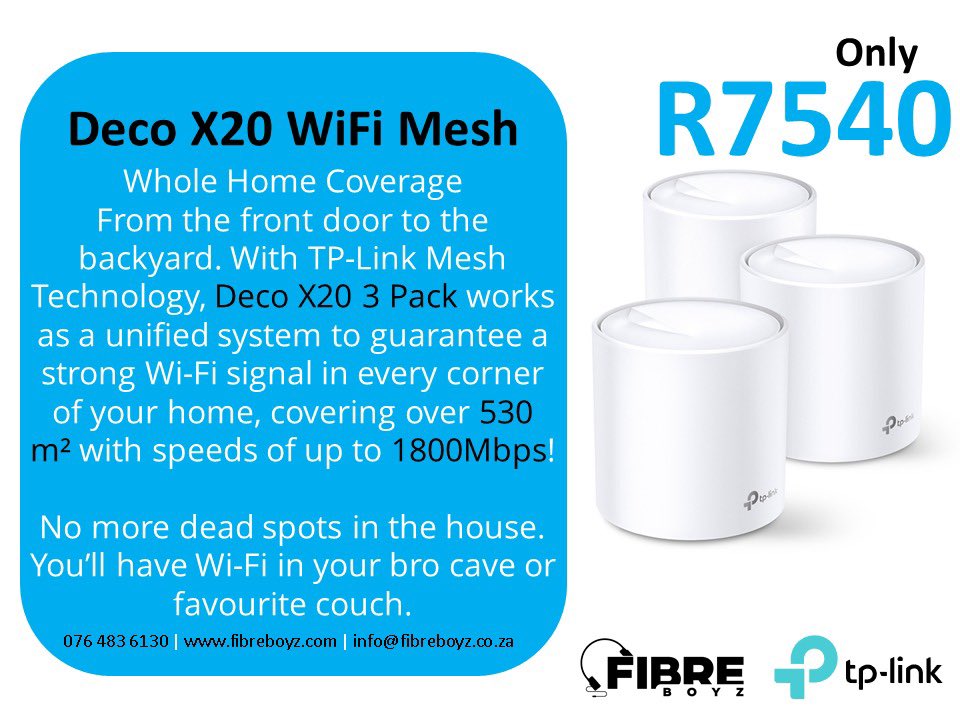 FibreBoyz's tweet photo. These #WifiMesh solutions can be used to make your home into a #smarthome! Shop online here: https://t.co/eoZNSzzsXF

#tplink #smarthomes #smarthometechnology #smarttech #meshsystem #tplinkmesh #deco #decomesh https://t.co/Fc09SXcRqW