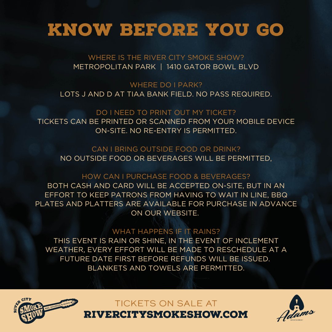 rcsmokeshow's tweet photo. Hey #RiverCitySmokeShow fans 👋  Friendly reminder that parking opens at 2PM Saturday, followed by gates at 3PM for our ticketed concert. Save this schedule and send to a friend who's also attending! We'll see y'all tomorrow on the river https://t.co/ZCPBOAwrPy