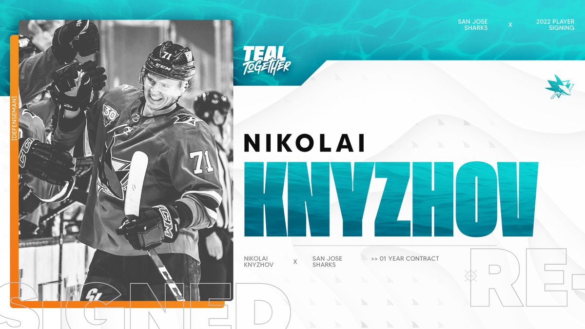 SanJoseSharks's tweet photo. Last year’s #SJSharks Rookie of the Year is staying in San Jose! 

We have re-signed @NikolaiKnyzhov to a one-year deal! 

✍️: https://t.co/zBsTduKenn https://t.co/0yR8J7D0Uf