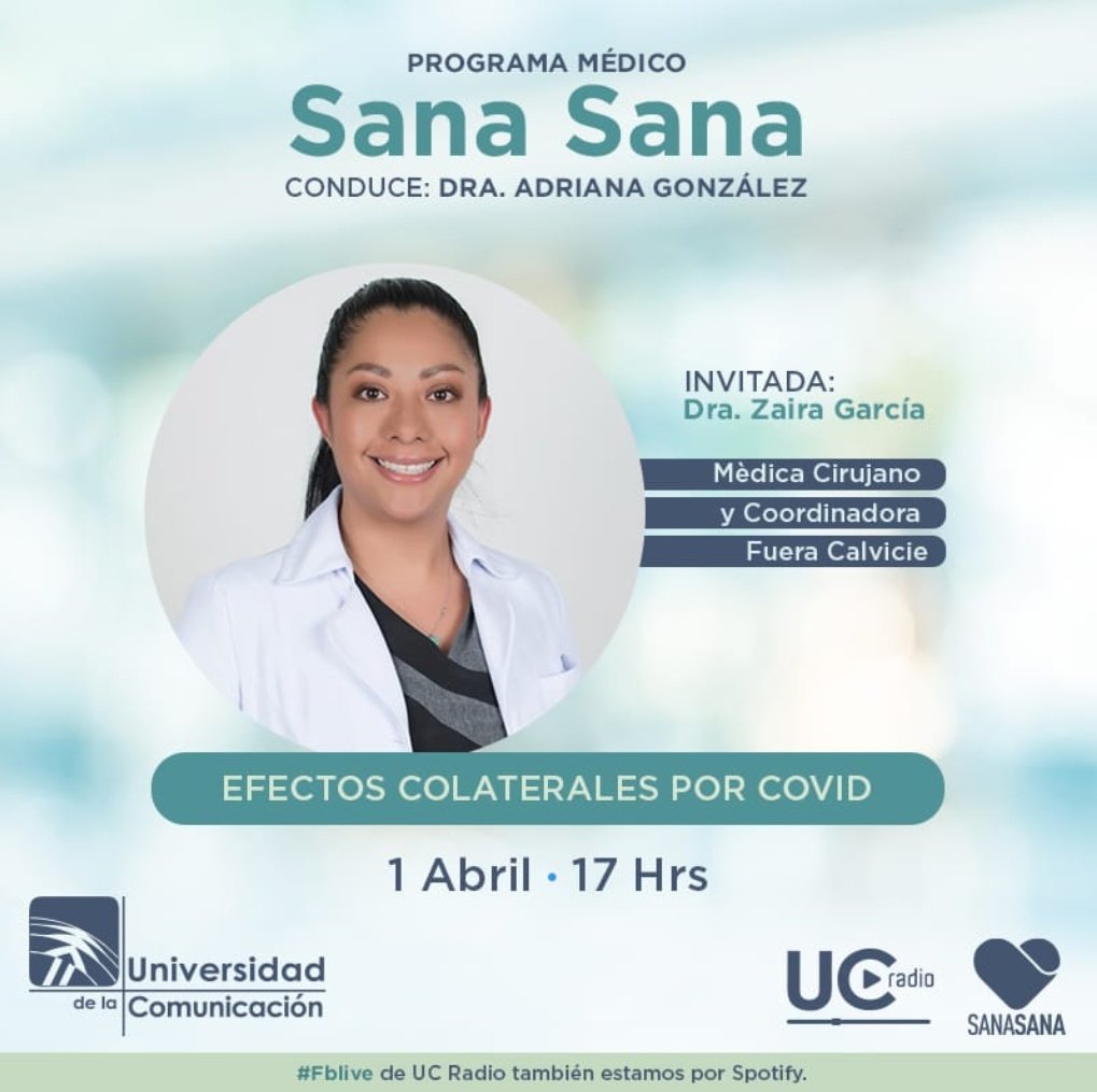 ¡No te pierdas a la <a href="/AdryDra/">Dra. Adry UC.</a> en #SanaSana! Hoy como invitada nos acompaña: 
🔥Zaira García
Para hablarnos de: 
"Efectos colaterales por Covid"

▶️ Ponle play 
📌 5 pm
📍 Facebook.com/ucradiomx
🗓️ Viernes 01.04.22