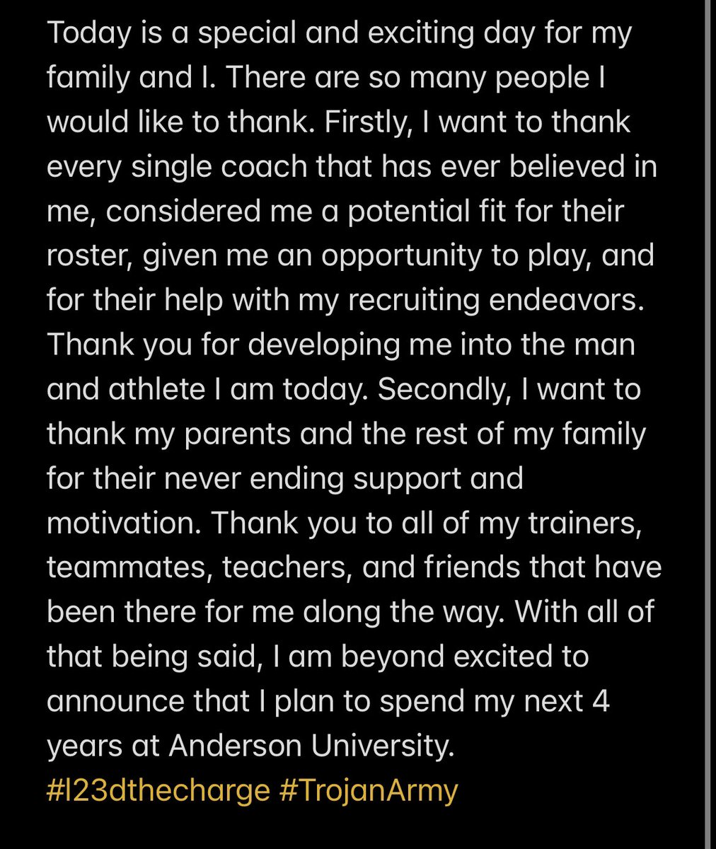 evangrey24's tweet photo. 100% Committed. Excited to see what God has in store for me at Anderson University! 🖤💛#l23dthecharge #trojanarmy https://t.co/B840iEBSCc
