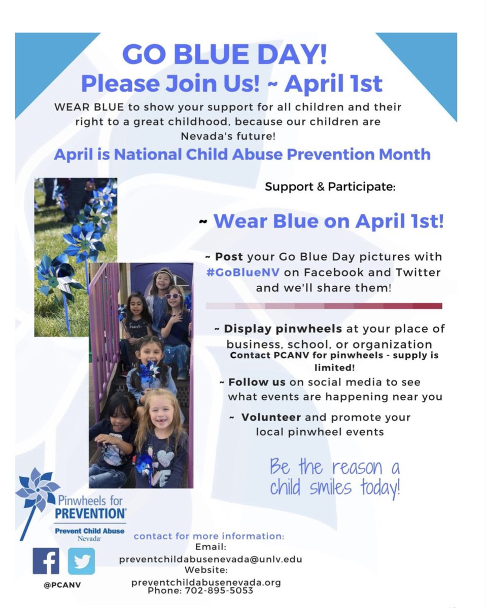 April is National Child Abuse Prevention Month! Let’s support all children and their right to a great childhood! Visit @PCAnevada to learn more #GoBlueNV