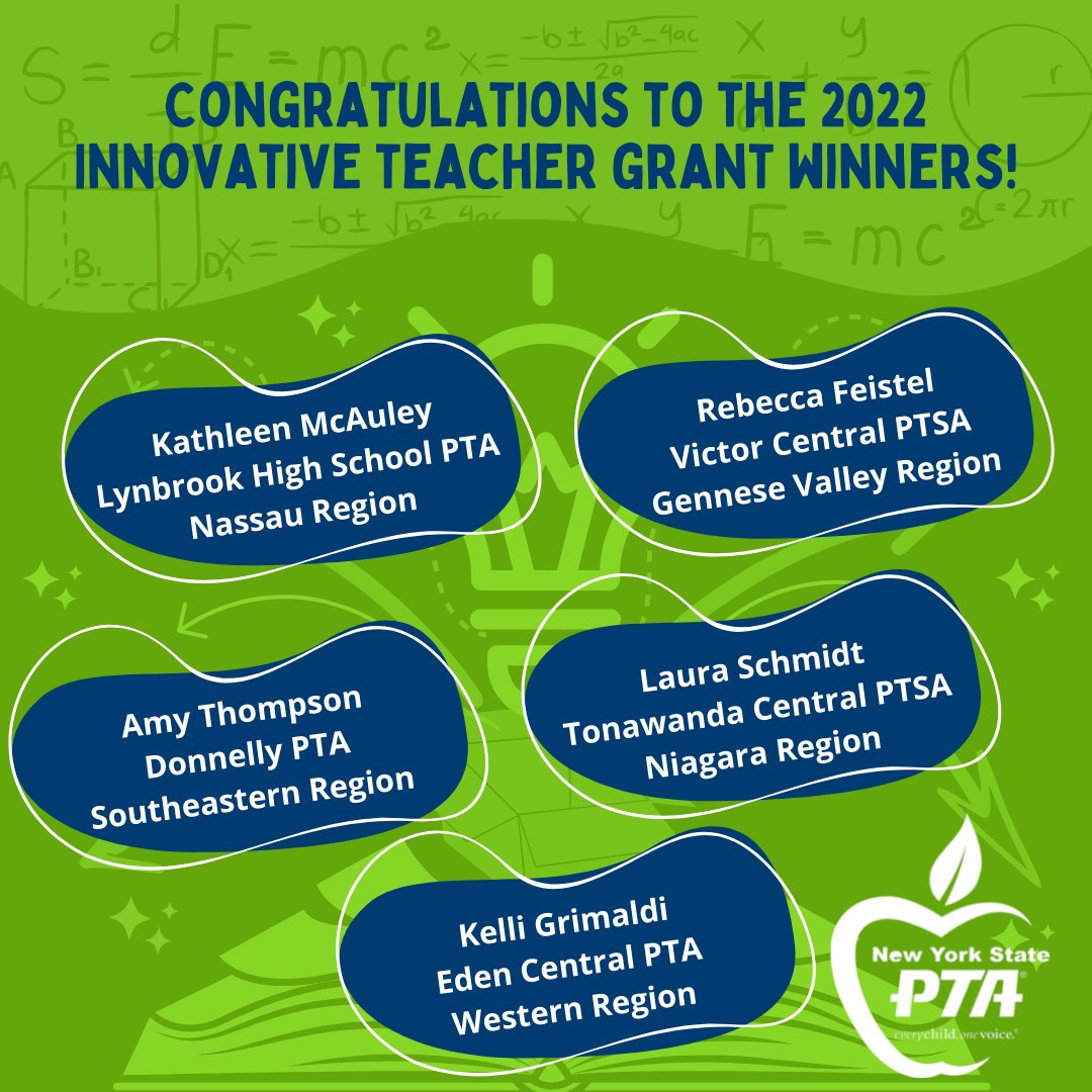 NYSPTA's tweet photo. Congratulations to the following teachers for receiving the 2022 Innovative Teacher Grants! We are so thankful to have wonderful teachers like you in our schools to provide a voice for children all across the state. https://t.co/P072gbResJ
