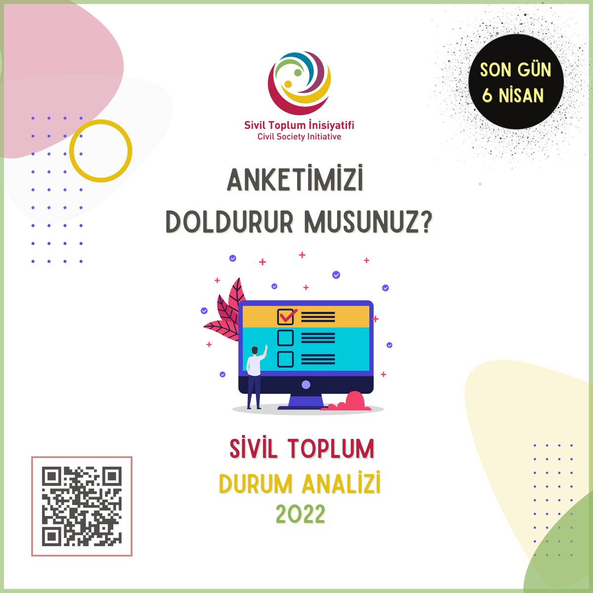 ❗️SON 5 GÜN ❗️
Sivil Toplum Örgütleri'nin sorunlarını ve mevcut durumunu birlikte tespit edelim. Lütfen 10 dakikanızı ayırıp, sivil alanın fotoğrafını beraber çekelim. 
QR kodu tarayarak veya surveymonkey.com/r/sto2022 adresinden ankete ulaşabilirsiniz. 
#siviltoplumdönüştürür
