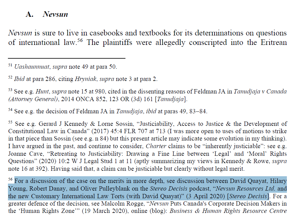 Academic gravitas: An episode of the pod with @RobertDanay, @hilaryanyoung and David Quayat (@DQ59633013) about Nevsun Resources Ltd. v. Araya, 2020 SCC 5 was cited by @gerardjkennedy in a recent article in the @unblawjournal. papers.ssrn.com/sol3/papers.cf…