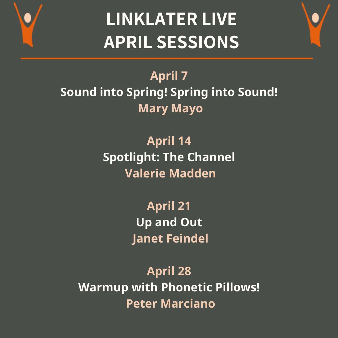 LinklaterVoice's tweet photo. π Linklater Live in April π
We have a superb lineup of Linklater Live sessions this month. We really hope you can join us! Thursdays. 8am PDT/4pm BST
To book your Linklater Live https://t.co/5wVAvk8LyA
#kristinlinklatervoicecentre #kristinlinklater #linklaterlive #voicewarmup https://t.co/94tZZfsAnX