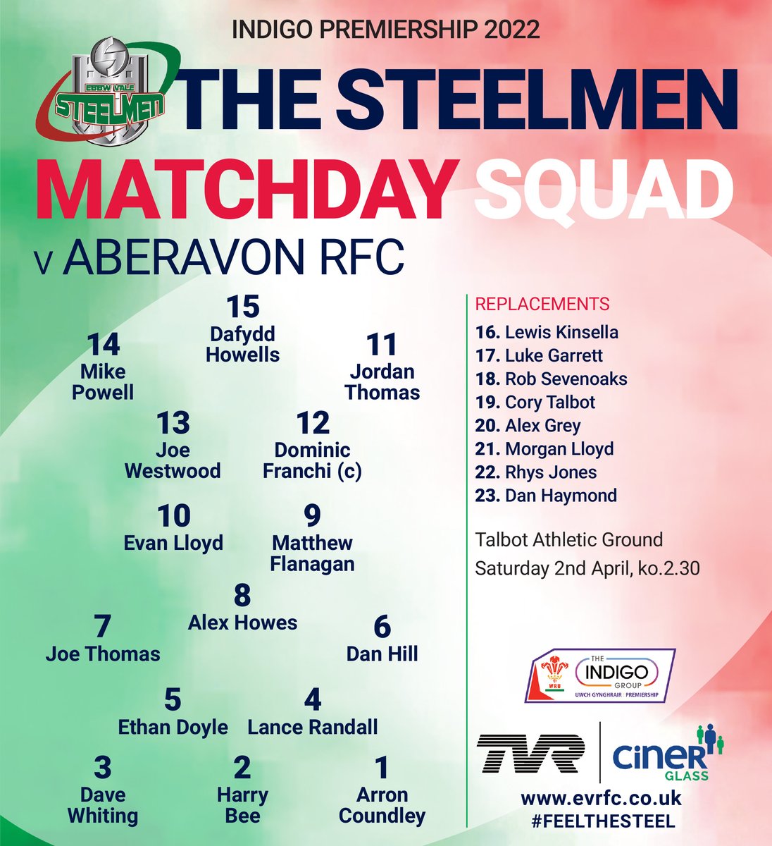 evrfc's tweet photo. Updated Squad

Your Steelmen side to take on Aberavon RFC on Saturday has been updated. Mike Powell takes Carrick McDonough's place on the wing and Dan Haymond comes onto the bench. 

Full side here https://t.co/T51FEPRrWL 

#Steelmen #FeelTheSteel #Ebbw https://t.co/WYQYoZA8ME
