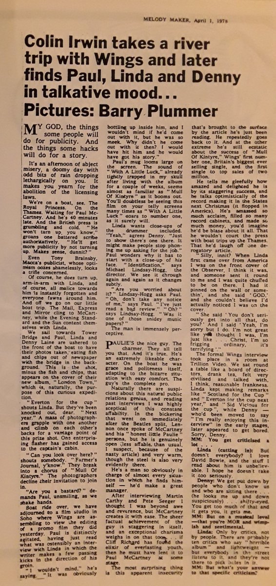 #OTD in 1978 a lengthy article in the Melody Maker with #PaulMcCartney, #LindaMcCartney and #DennyLaine promoting London Town.