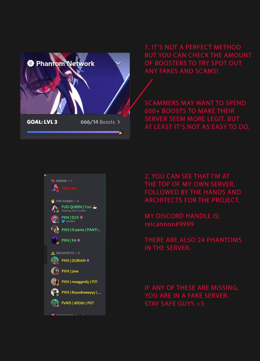 reicannon's tweet photo. There has been an ongoing Discord issue with scammers exploiting invite codes to various servers.

Since there is currently no solution from Discord, I made a quick graphic to help distinguish the real @projectPXN from fakes.

Please help me spread it for awareness <3 https://t.co/skeJ1zfz8R