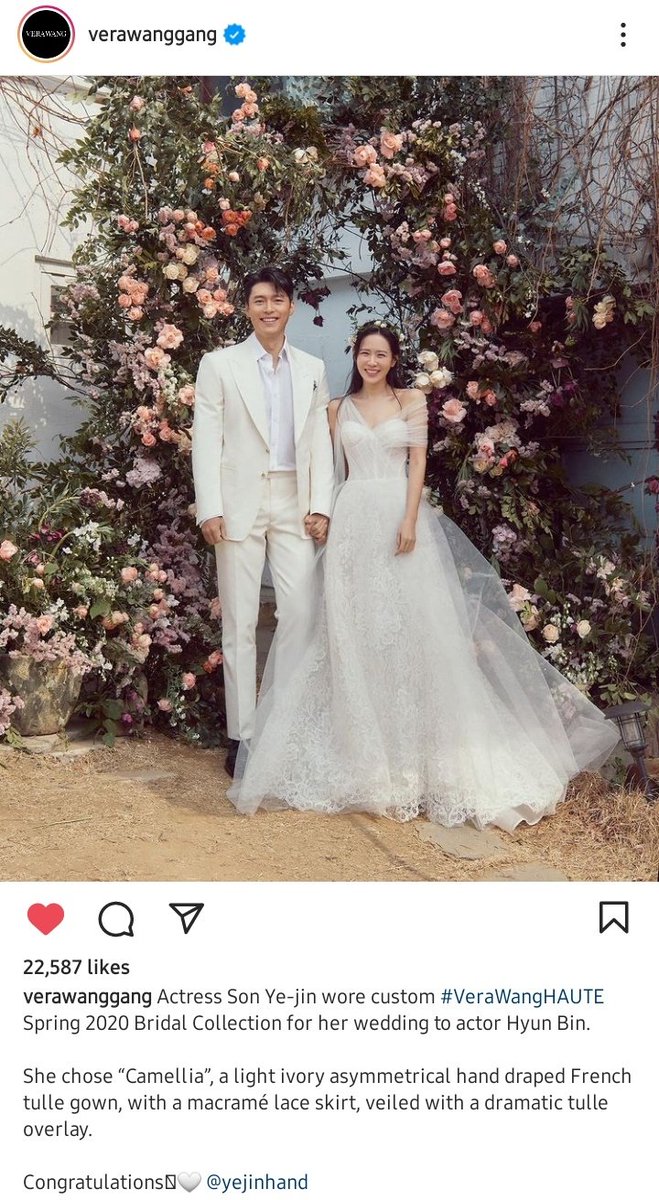 Actress Son Yejin wore custom #VeraWangHAUTE Spring 2020 Bridal Collection for her wedding to actor Hyun Bin  😍

She chose “Camellia”, a light ivory asymmetrical hand draped French tulle gown, with a macramé lace skirt, veiled with a dramatic tulle overlay.

Congratulations 🤍