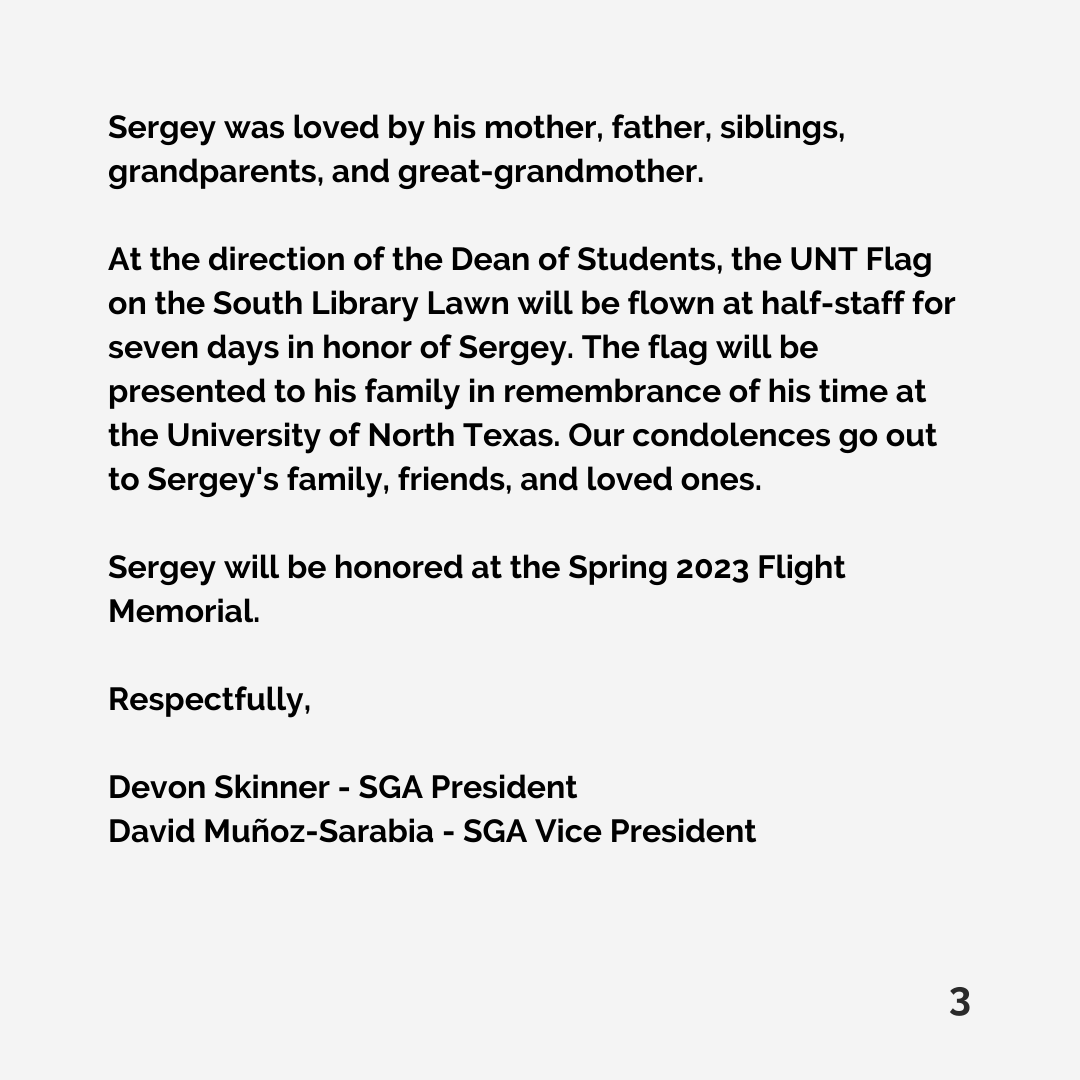 UNTSGA's tweet photo. ⚠️trigger warning - death⚠️ 

A letter from the Student Government Association regarding the passing of one of our students, Sergey Burlakov. https://t.co/N49SKVYmB6