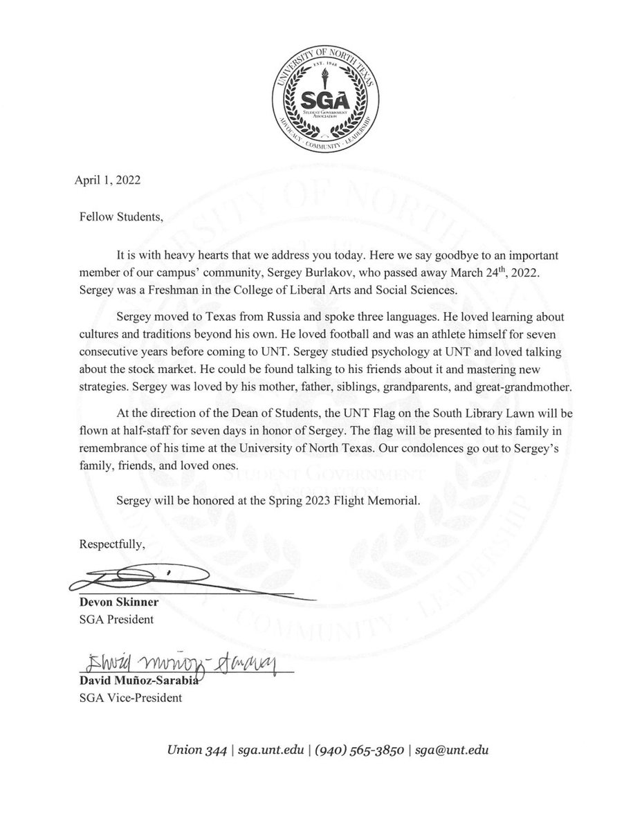 UNTSGA's tweet photo. ⚠️trigger warning - death⚠️ 

A letter from the Student Government Association regarding the passing of one of our students, Sergey Burlakov. https://t.co/N49SKVYmB6