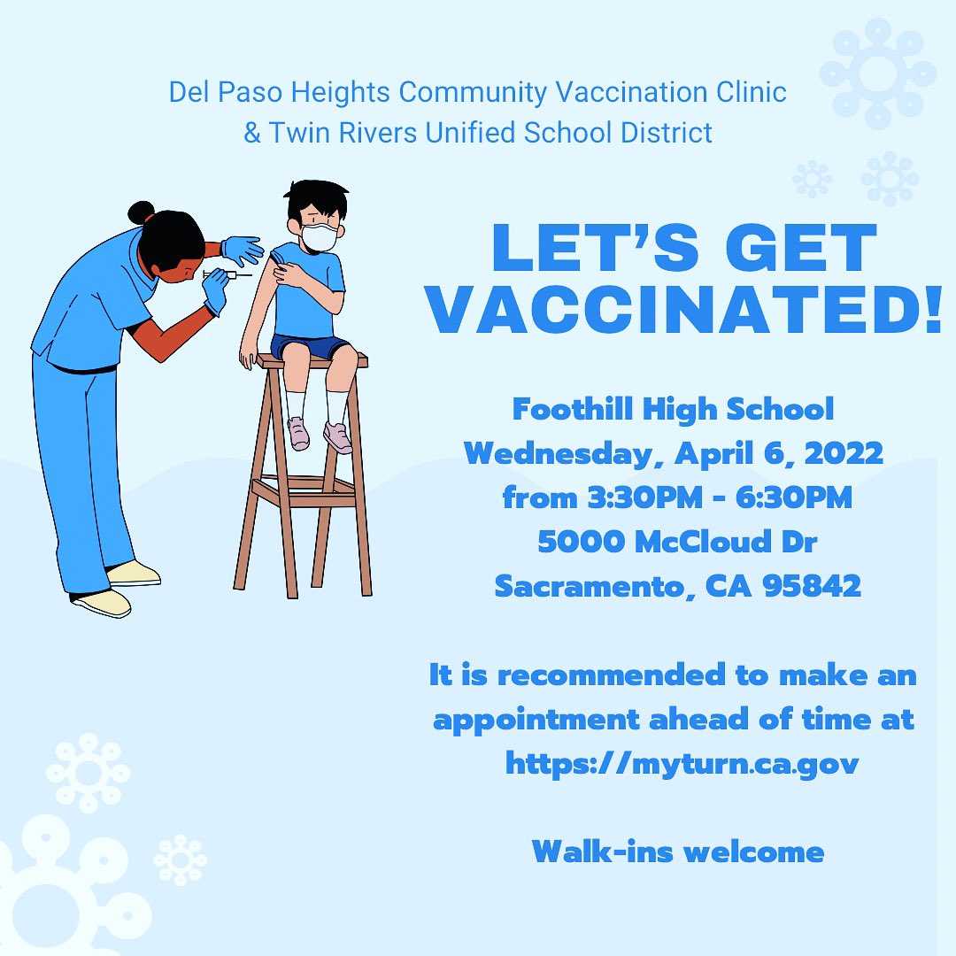 dphcvc's tweet photo. We’re coming back to Foothill HS on 4/6! With different COVID-19 variants that are highly transmissible, you may want to consider getting vaccinated or getting an additional booster vaccine if you qualify. Appointments available at https://t.co/8wu9ObyElx @TwinRiversUSD https://t.co/dSIqGb35sg
