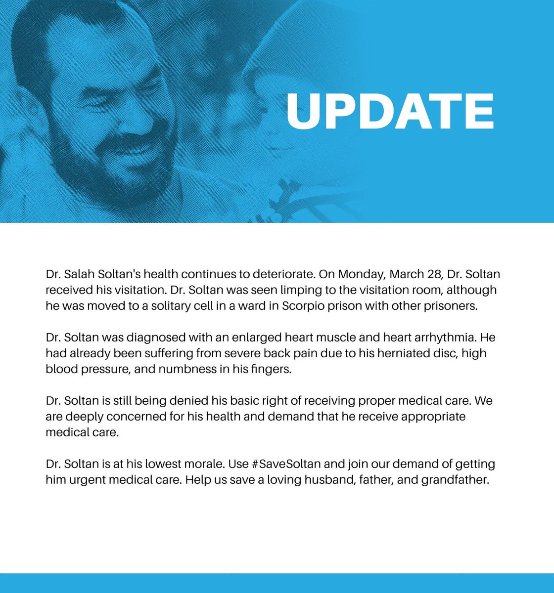 soltan's tweet photo. Update | My dad, whose whereabouts IN PRISON were unknown for 22mons as a reprisal for my human rights work, has been moved to the infamous Scorpion prison in a solitary cell &amp; has received some medical care.

His medical condition is still dire &amp; we need your help to #SaveSoltan https://t.co/AKN6kPa7xf