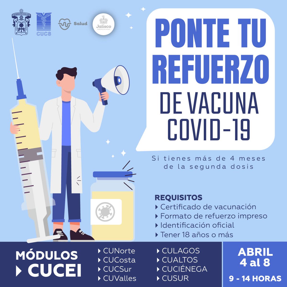 udegcucei's tweet photo. Ponte tu Refuerzo de Vacuna COVID-19 ! 🦠💉

📌Del 4 al 8 de abril en Módulo CUCEI 
9:00 a 14:00 

No olvides traer tu documentación completa! 👇 https://t.co/A290Q4dF47