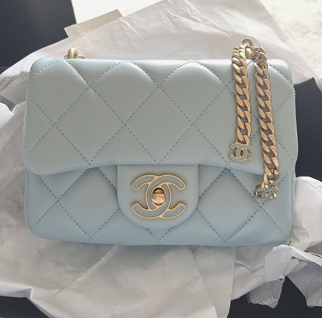 80's Vintage CHANEL Blue camera bag with golden CC - Depop