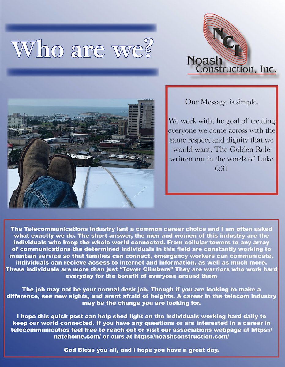 We at NCI and across the telecommunications industry are working hard to provide and keep the infrastructure of our world connected. We would love to answer any questions you may have about the industry or our company in general! #Towers #Telecom #ClimbHigher