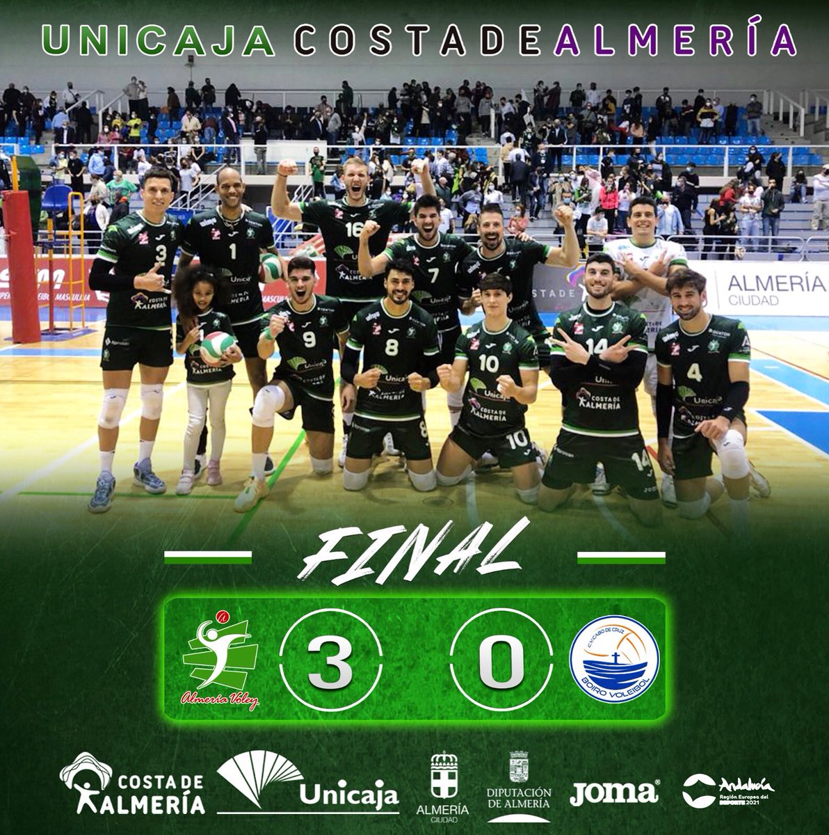 cvalmeria's tweet photo. ✅ Estamos en 𝙎𝙀𝙈𝙄𝙁𝙄𝙉𝘼𝙇𝙀𝙎 de los 𝙋𝙇𝘼𝙔 𝙊𝙁𝙁𝙎 #SVM tras ganar por 3️⃣-0️⃣‼️‼️

Partidazo en el Moisés Ruiz 🏟 con un público de DIEZ 🙌🏻🔝🔝

Enormes también @BoiroVoleibol , una temporada increíble! 👏🏻👏🏻 Buen viaje de vuelta!! 🧳

💚 #VamosVerdes!
🏐 #SomosVoleibol https://t.co/aJ2K0eMm7B