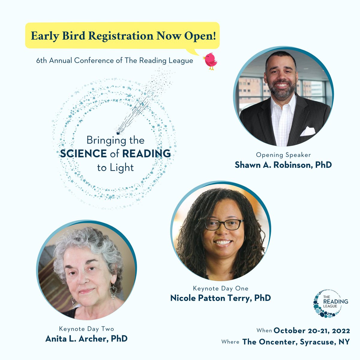 Early bird registration is NOW OPEN for the 6th Annual #TRLConf2022!
Details and registration: bit.ly/TRLConf2022
Join us in "Bringing the Science of Reading to Light" with keynote sessions featuring @drshawnrobinson, <a href="/TheDrPT/">Nicole Patton Terry</a>, and Dr. Anita Archer.