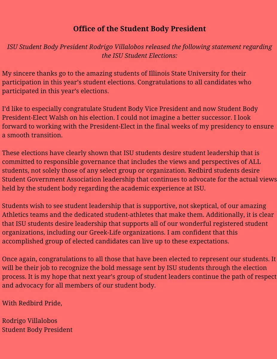 🚨 ISU Student Elections have clearly shown that Redbirds want an SGA that is supportive of Athletics, RSO’s/Greek-Life, and of the real views held by students regarding the ISU academic experience! Redbirds want an SGA that represents the views of ALL students!

My Statement: