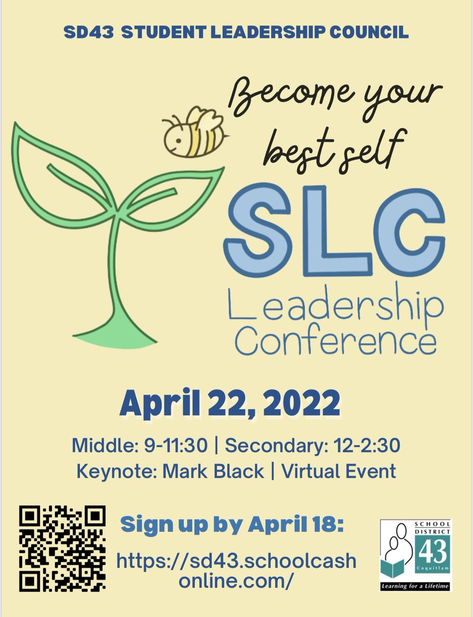 SIGN UP FOR THE 2022 SLC LEADERSHIP CONFERENCE - APR 22!
Join for engaging speakers, prizes, games, and live music! Our amazing speakers will talk about becoming your best self. First 100 registrants get swag bags! Sign up with link in bio! <a href="/sd43bc/">School District 43</a>